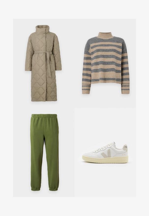 Long taupe quilted coat with high collar and matching fabric belt tied at the waist, featuring wave-pattern stitching throughout.; Striped knit sweater featuring gray and beige colors, high neck, wide cuffed sleeves, and a relaxed fit with a cropped design.; Green sweatpants made of soft fabric. Elastic waistband and cuffs. Straight leg design with no patterns or visible hardware.; White leather sneaker with beige suede accents, perforated toe box, flat laces, and a textured cream sole. Features subtle branding on heel.