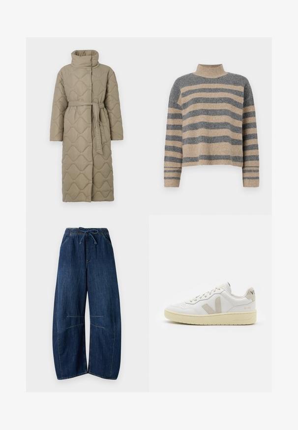 Long taupe quilted coat with high collar and matching fabric belt tied at the waist, featuring wave-pattern stitching throughout.; Striped knit sweater featuring gray and beige colors, high neck, wide cuffed sleeves, and a relaxed fit with a cropped design.; Wide-leg denim pants in dark blue. Features an elastic waistband with drawstring, two side pockets, and contrasting stitching accents.; White leather sneaker with beige suede accents, perforated toe box, flat laces, and a textured cream sole. Features subtle branding on heel.