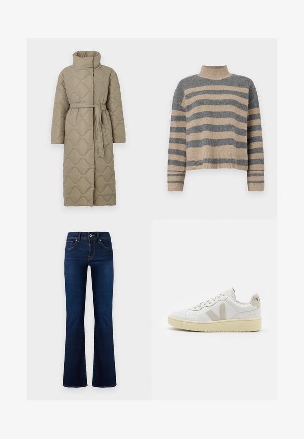 Long taupe quilted coat with high collar and matching fabric belt tied at the waist, featuring wave-pattern stitching throughout.; Striped knit sweater featuring gray and beige colors, high neck, wide cuffed sleeves, and a relaxed fit with a cropped design.; Dark blue denim flared jeans with a mid-rise waist, front pockets, and contrasting stitching. Features a metal button closure and belt loops.; White leather sneaker with beige suede accents, perforated toe box, flat laces, and a textured cream sole. Features subtle branding on heel.