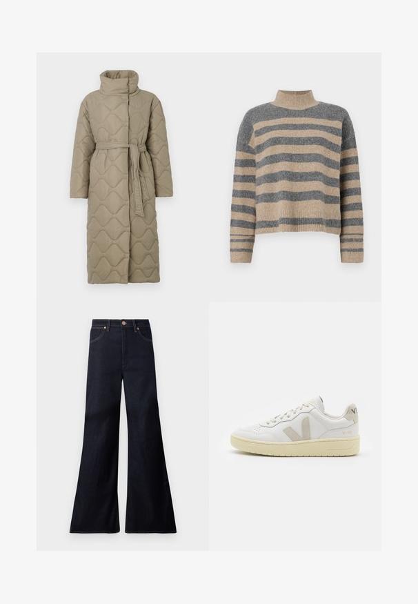 Pitkä taupe-värinen tikattu takki, jossa on korkea kaulus ja samaa kangasta oleva vyö solmittuna vyötärölle. Takissa on aallokkomuotoista tikkausta koko matkalta.; Raidallisen neulepaidan harmaan ja beigen sävyiset värit, korkea kaulus, leveät hihansuut ja rento istuvuus lyhyellä leikkauksella.; Tummansininen leveälahkeinen farkut, valmistettu denimistä. Ominaisuuksiin kuuluu edessä napitus, kupariset yksityiskohdat ja kontrastivärinen ompelu saumoissa.; Valkoiset nahkakengät, joissa on vaaleanruskeat pigmenttisuojat, rei'itetty kärki, litteät nauhat ja teksturoitu kermaisa pohja. Takana on huomaamaton brändäys.