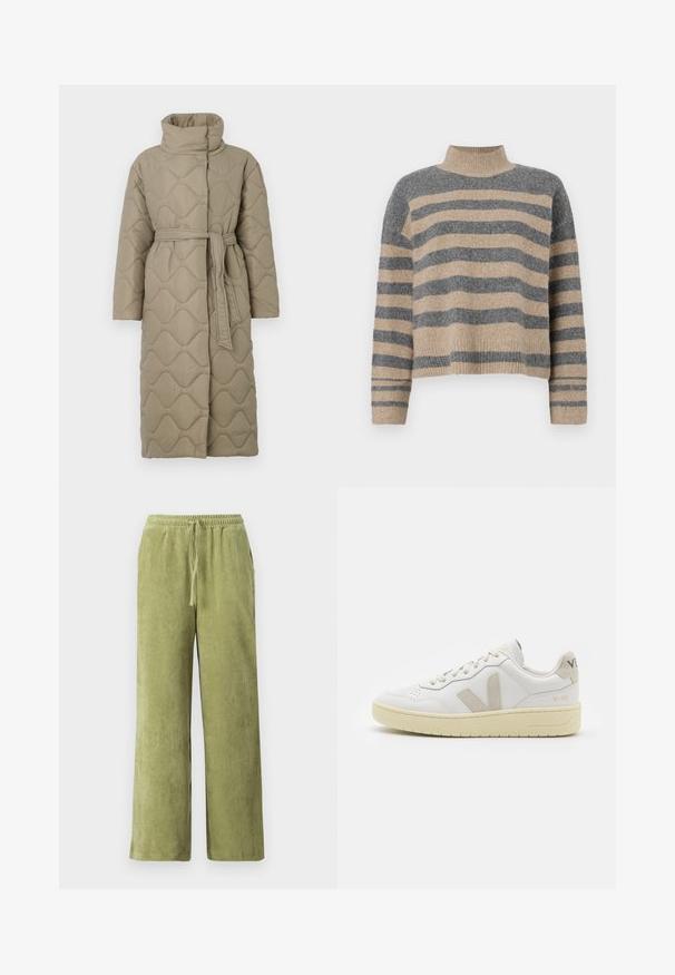 Garšs pelēkbrūns quiltēts mētelis ar augstu apkakli un atbilstošu auduma jostu, kas sasieta ap vidukli, ar viļņu raksta šuvēm visā virsmā.; Raitaināta džemperis ar pelēkajām un bežām krāsām, augstu apkakli, platām aprocēm un brīvu piegriezumu ar īsu dizainu.; Zaļas corduroy bikses ar platām kājām, elastīgu jostu un aukliņu detaļām. Vertikālās svītras audumā rada tekstūru.; Baltas ādas sporta apavu pāris ar bēšiem zamša akcentiem, caurumiņu purngalā, plakanu šņorēšanu un teksturētu krēmkrāsas zoli. Iezīmējas ar diskrētu zīmolu uz papēža.