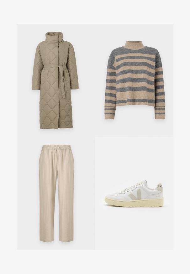 Lång taupe-färgad vadderad kappa med hög krage och matchande tygskärp knutet i midjan, med en vågmönstrad sömnad genom hela plagget.; Randig stickad tröja i grå och beige färger, hög krage, vida manschetter och avslappnad passform med en cropped design.; Beige, lätta byxor med elastisk midja och justerbar dragsko. Rakt ben-design med en slät yta.; Vita lädersneakers med beige mockadetaljer, perforerad tåbox, platta snören och en texturerad krämfärgad sula. Har diskret varumärkning på hälen.