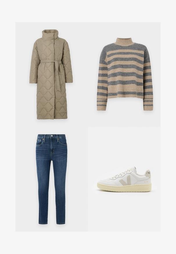 Abrigo largo en tono topo, acolchado, con cuello alto y cinturón de tela a juego atado en la cintura, que presenta un diseño de costura en patrón de olas en toda su superficie.; Suéter de punto a rayas en colores gris y beige, con cuello alto, mangas anchas con puños, y un corte relajado con un diseño recortado.; Pantalones vaqueros de mezclilla azul oscuro con corte slim, diseño de cinco bolsillos, detalles de botones de cobre y ligera decoloración en la parte frontal. Dobladillo limpio y cinturilla estándar.; Zapatilla de piel blanca con acentos de ante beige, caja de puntera perforada, cordones planos y suela texturizada en color crema. Cuenta con un branding sutil en el talón.
