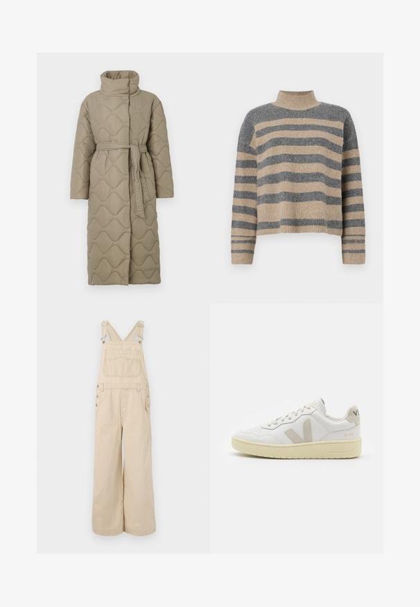 Ilgas taupe spalvos siuvinėtas paltas su aukštu apykakle ir derančiu audinio diržu, suvytu juosmenyje, su banguotu raštu siuvinėjimu visame paviršiuje.; Dryžuotas mezginys su pilkos ir smėlio spalvomis, aukštu kaklu, plačiomis rankovėmis su atvartais ir laisvu siluetu, trumpesnio ilgio.; Šviesiai rudos dryžuotos kombinezonų kelnės su plačiomis kojomis, su reguliuojamomis petnešomis, metalinėmis sagomis, priekinėmis kišenėmis ir krūtine kišene.; Balti odiniai sportbačiai su kreminiais zomšos akcentais, perforuota pirštų dalimi, plokščiomis raišteliais ir struktūruota kreminėmis padomis. Ant kulno yra subtilus ženklinimas.