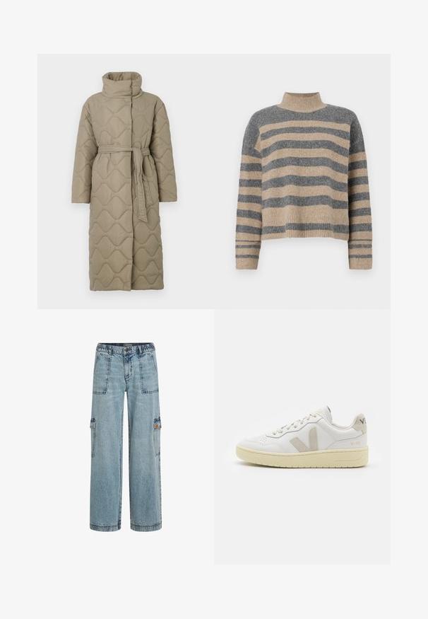 Garšs pelēkbrūns quiltēts mētelis ar augstu apkakli un atbilstošu auduma jostu, kas sasieta ap vidukli, ar viļņu raksta šuvēm visā virsmā.; Raitaināta džemperis ar pelēkajām un bežām krāsām, augstu apkakli, platām aprocēm un brīvu piegriezumu ar īsu dizainu.; Gai zila džinsu auduma kargo bikses ar elastīgu jostasvietu, divām frontālām kabatām un sānu kabatām. Brīva piegriezuma ar taisnu kāju dizains.; Baltas ādas sporta apavu pāris ar bēšiem zamša akcentiem, caurumiņu purngalā, plakanu šņorēšanu un teksturētu krēmkrāsas zoli. Iezīmējas ar diskrētu zīmolu uz papēža.