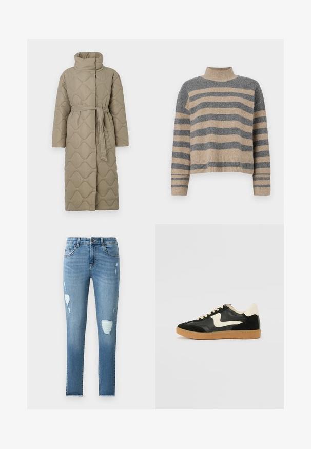 Dugi taupe kaput s kvadrama s visokim ovratnikom i remenom od istog materijala zavezanim u struku, s valovitim uzorkom šivanja kroz cijelu površinu.; Prugasti pleteni džemper u sivoj i bež boji, s visokim ovratnikom, širokim rukavima s manžetama i opuštenim krojem koji je skraćen.; Mršave traperice svijetloplave boje s poderanim mrljama, izblijedjelim dijelovima i stršastim rubovima. Imaju tradicionalni dizajn s pet džepova.; Crna nubuk i kožna tenisica s kremastim bočnim swooshom i svijetlom kremastom petom. Sadrži bež vezice i gumu na potplatu.