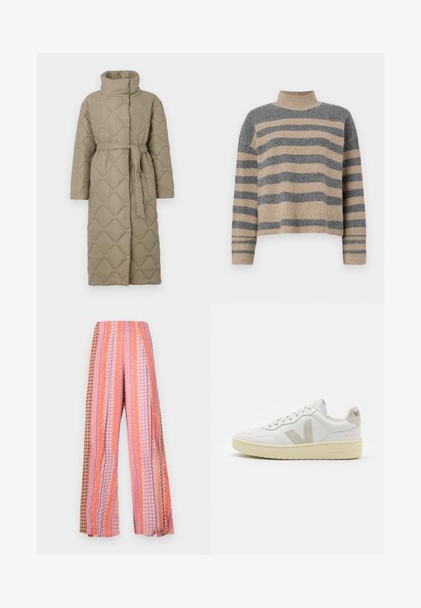 Lang taupe quiltet frakk med høy krage og belte i matchende stoff knyttet rundt livet, med bølgemønster-innsying gjennom hele frakken.; Stripet strikkegenser som har grå og beige farger, høy hals, brede mansjetter og en avslappet passform med kort design.; Vide benbukser med vertikale striper i nyanser av rosa, oransje og brunt. Mønstrene inneholder blomster- og geometriske design.; Hvite lær sneakers med beige semsket detaljer, perforert tåboks, flate lisser og en teksturert kremfarget såle. Har subtil branding på hælen.