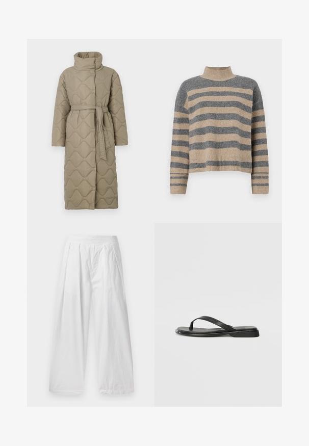 Long taupe quilted coat with high collar and matching fabric belt tied at the waist, featuring wave-pattern stitching throughout.; Striped knit sweater featuring gray and beige colors, high neck, wide cuffed sleeves, and a relaxed fit with a cropped design.; White wide-leg trousers made from a lightweight fabric. Features a loose fit, pleats at the front, and an elastic waistband.; Black flip-flop made of smooth leather, featuring a thin strap design and a flat sole with a minimal profile. No notable patterns or accents.