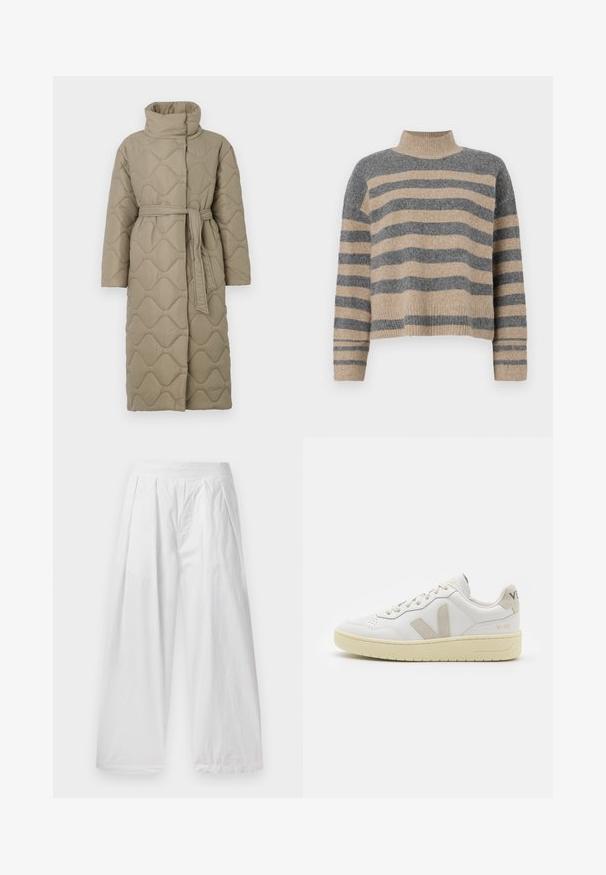Lång taupe-färgad vadderad kappa med hög krage och matchande tygskärp knutet i midjan, med en vågmönstrad sömnad genom hela plagget.; Randig stickad tröja i grå och beige färger, hög krage, vida manschetter och avslappnad passform med en cropped design.; Vita vida byxor i vid modell gjorda av ett lätt tyg. Har en lös passform, veck framtill och ett elastiskt midjeband.; Vita lädersneakers med beige mockadetaljer, perforerad tåbox, platta snören och en texturerad krämfärgad sula. Har diskret varumärkning på hälen.