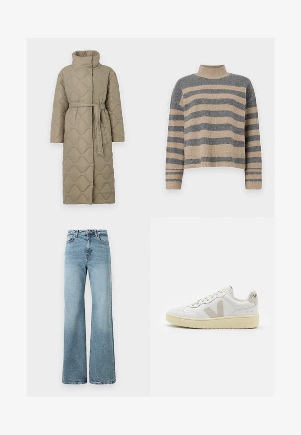 Garšs pelēkbrūns quiltēts mētelis ar augstu apkakli un atbilstošu auduma jostu, kas sasieta ap vidukli, ar viļņu raksta šuvēm visā virsmā.; Raitaināta džemperis ar pelēkajām un bežām krāsām, augstu apkakli, platām aprocēm un brīvu piegriezumu ar īsu dizainu.; Gaiši zili plaša kāju džinsi, izgatavoti no denima, ar augstu jostasvietu, piecām kabatām un pogu aizdari. Gluda tekstūra ar izbalējušu apdari.; Baltas ādas sporta apavu pāris ar bēšiem zamša akcentiem, caurumiņu purngalā, plakanu šņorēšanu un teksturētu krēmkrāsas zoli. Iezīmējas ar diskrētu zīmolu uz papēža.