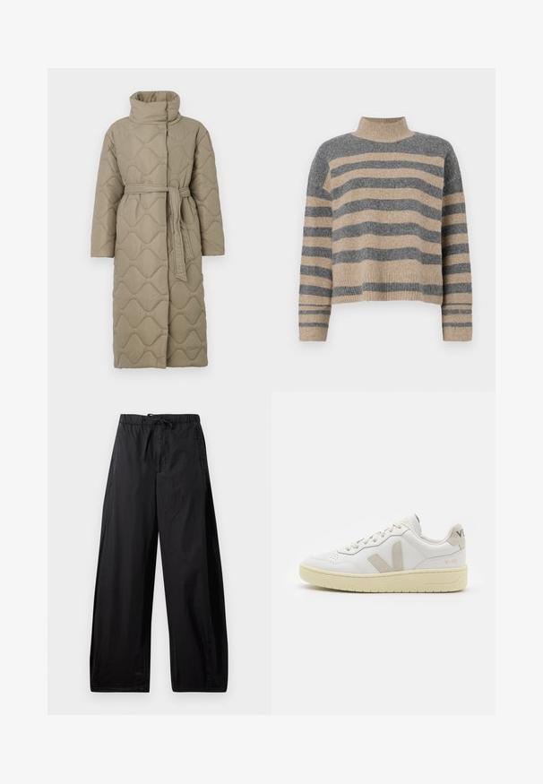 Langer taubefarbener gesteppter Mantel mit hohem Kragen und passendem Stoffgürtel, der in der Taille gebunden ist, mit Wellenmuster-Steppung. ; Gestreifter Strickpullover in Grau- und Beigetönen, mit hohem Kragen, breiten Bündchen an den Ärmeln und einer lockeren Passform im verkürzten Design.; Schwarze, leichte, elastische Hosen mit einem Kordelzug, die eine lockere Passform und eine glatte Textur haben. Keine sichtbaren Muster oder Beschläge.; Weiße Ledersneaker mit beigen Wildlederakzenten, perforierte Zehenbox, flache Schnürsenkel und eine strukturierte cremefarbene Sohle. Mit dezentem Branding an der Ferse.