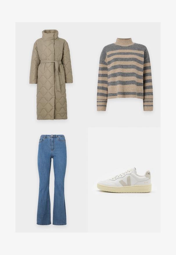 Casaco longo em taupe, acolchoado, com gola alta e cinto de tecido a condizer atado à cintura, apresentando um acolchoado em padrão de ondas por toda a parte.; Sweater de malha às riscas com cores cinza e bege, gola alta, mangas largas com punhos e um corte solto com design cropped.; Calças de ganga azuis com corte boca de sino, apresentando uma cintura alta, costuras em contraste e um único fecho de botão à frente.; Sapatilha de couro branca com detalhes em camurça bege, biqueira perfurada, atacadores planos e sola texturizada creme. Apresenta uma marcação subtil no calcanhar.