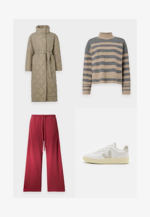 Lang taupe quiltet frakk med høy krage og belte i matchende stoff knyttet rundt livet, med bølgemønster-innsying gjennom hele frakken.; Stripet strikkegenser som har grå og beige farger, høy hals, brede mansjetter og en avslappet passform med kort design.; Røde vid bukser laget av myk stoff, med elastisk midje og snor, samt sidelommer for bekvemmelighet.; Hvite lær sneakers med beige semsket detaljer, perforert tåboks, flate lisser og en teksturert kremfarget såle. Har subtil branding på hælen.