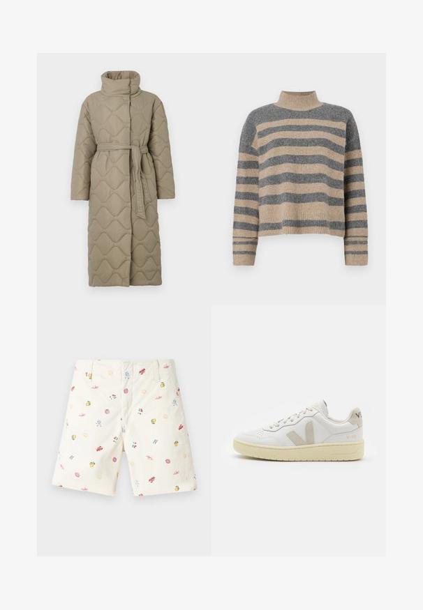 Manteau long en taupe matelassé avec col haut et ceinture en tissu assorti nouée à la taille, présentant des coutures en motif de vagues sur l'ensemble.; Pull en maille rayé aux couleurs grises et beiges, col haut, manches large à poignet, coupe décontractée avec un design court.; Shorts en coton crème avec des motifs imprimés colorés et variés, y compris des fruits, des coquillages et des motifs de soleil ; design classique à plat.; Baskets blanches en cuir avec des accents en daim beige, boîte à orteils perforée, lacets plats et semelle texturée crème. Présente un logo discret au talon.