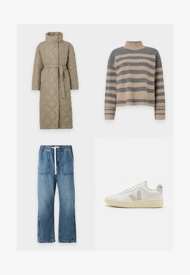 Dolga taupe puhovka s visokim ovratnikom in pasom iz iste tkanine, zavezanim na pasu, ki vsebuje šivane vzorce valov v celotni dolžini.; Prajčast pulover z šivi v sivi in bež barvi, visokim ovratnikom, širokimi manšetami in sproščenim krojem s skrajšano zasnovo.; Modri kavbojki z elastičnim pasom in belim vrvico. Imajo dva sprednja žepa in širok kroj, z gladko teksturo.; Bela usnjena tenisača z bež semiš poudarki, perforiranim prednjim delom, ravnimi vezalkami in strukturiranim kremnim podplatom. Ima diskretno blagovno znamko na peti.