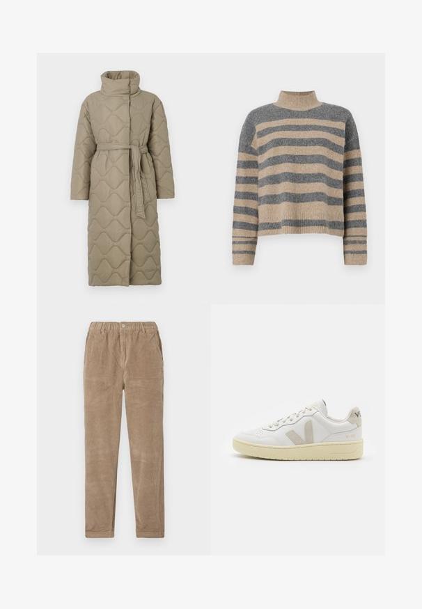 Manteau long en taupe matelassé avec col haut et ceinture en tissu assorti nouée à la taille, présentant des coutures en motif de vagues sur l'ensemble.; Pull en maille rayé aux couleurs grises et beiges, col haut, manches large à poignet, coupe décontractée avec un design court.; Pantalons en velours côtelé marron avec une taille élastique, présentant des poches avant plates et une coupe droite. Texture douce et motif côtelé.; Baskets blanches en cuir avec des accents en daim beige, boîte à orteils perforée, lacets plats et semelle texturée crème. Présente un logo discret au talon.