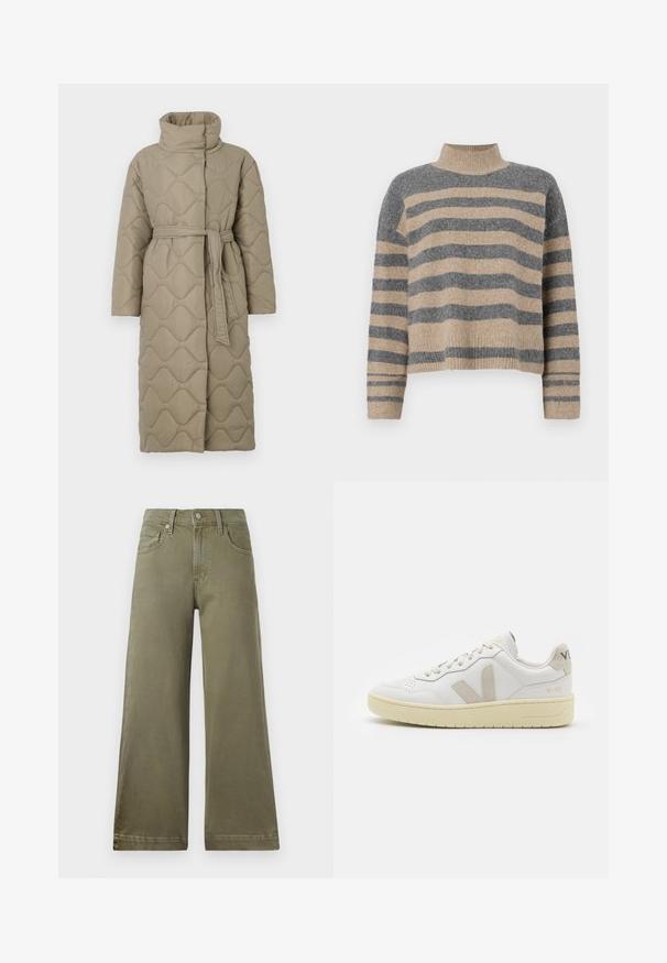 Manteau lung de culoare taupe, matlasat, cu guler înalt și curea din același material legată în talie, având o broderie în formă de valuri pe întreaga suprafață.; Pulover tricotat cu dungi, în culori gri și bej, guler înalt, mâneci late cu manșete și o croială lejeră cu un design scurt.; Pantaloni largi în verde măslin, confecționați dintr-un material moale, texturat. Au accesorii pentru curea, fermoar cu un buton și buzunare frontale.; Pantofii sport din piele albă cu accente din suede bej, cutie pentru degete perforată, șireturi plate și o talpă texturată de crem. Prezintă branding subtil pe călcâi.