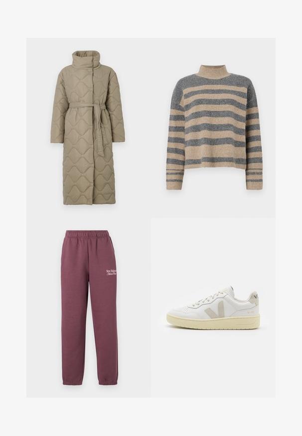 Long taupe quilted coat with high collar and matching fabric belt tied at the waist, featuring wave-pattern stitching throughout.; Striped knit sweater featuring gray and beige colors, high neck, wide cuffed sleeves, and a relaxed fit with a cropped design.; Maroon sweatpants with an elastic waistband, tapered cuffs, and a white "New Balance Athletic Club" logo on the right leg. Soft fabric texture.; White leather sneaker with beige suede accents, perforated toe box, flat laces, and a textured cream sole. Features subtle branding on heel.