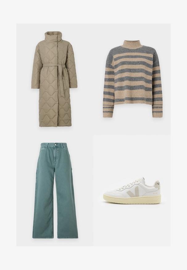 Długi, taupe'owy, pikowany płaszcz z wysokim kołnierzem i pasującym paskiem z materiału związanym w talii, z falistym wzorem przeszyć na całej powierzchni.; Sweter w paski z dzianiny w kolorach szaro-beżowych, z wysokim kołnierzem, szerokimi rękawami na mankietach i luźnym krojem z krótką długością.; Spodnie o szerokich nogawkach w kolorze teal, z wysokim stanem, zapięciem na guziki oraz bocznymi kieszeniami. Wykonane z gładkiego, trwałego materiału.; Białe skórzane trampki z beżowymi zamszowymi akcentami, perforowanym noskiem, płaskimi sznurowadłami i teksturowaną kremową podeszwą. Posiadają subtelne logo na pięcie.