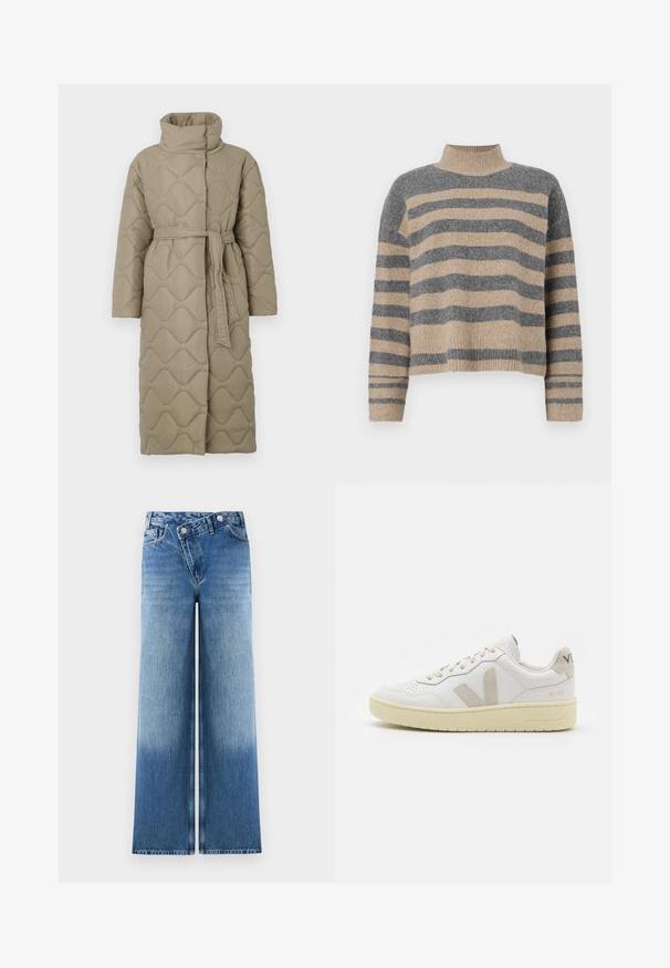 Casaco longo em taupe, acolchoado, com gola alta e cinto de tecido a condizer atado à cintura, apresentando um acolchoado em padrão de ondas por toda a parte.; Sweater de malha às riscas com cores cinza e bege, gola alta, mangas largas com punhos e um corte solto com design cropped.; Calças de ganga largas azul claro com um efeito desgastado, apresentando um design clássico de cinco bolsos e detalhes em botão metálico na cintura.; Sapatilha de couro branca com detalhes em camurça bege, biqueira perfurada, atacadores planos e sola texturizada creme. Apresenta uma marcação subtil no calcanhar.