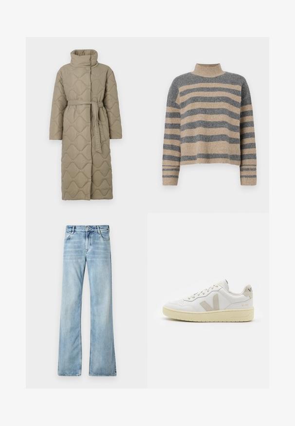 Dolga taupe puhovka s visokim ovratnikom in pasom iz iste tkanine, zavezanim na pasu, ki vsebuje šivane vzorce valov v celotni dolžini.; Prajčast pulover z šivi v sivi in bež barvi, visokim ovratnikom, širokimi manšetami in sproščenim krojem s skrajšano zasnovo.; Svijetloplave trapez hlače od trapera, s pet džepova, kopčanjem na dugme i suptilnim izbljeđivanjem za efekt nošenosti.; Bela usnjena tenisača z bež semiš poudarki, perforiranim prednjim delom, ravnimi vezalkami in strukturiranim kremnim podplatom. Ima diskretno blagovno znamko na peti.