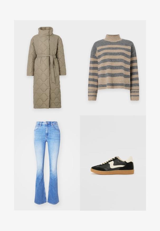 Dolga taupe puhovka s visokim ovratnikom in pasom iz iste tkanine, zavezanim na pasu, ki vsebuje šivane vzorce valov v celotni dolžini.; Prajčast pulover z šivi v sivi in bež barvi, visokim ovratnikom, širokimi manšetami in sproščenim krojem s skrajšano zasnovo.; Svetlo modri zvonasti traper hlače iz denima, z visokim pasom, tradicionalno zasnovo s petimi žepi in postopno izginjajočo barvo proti robu.; Črne semiš in usnjene superge s kremasto stransko puščico in svetlo kremasto peto. Imajo bež čipke in gumijast podplat.