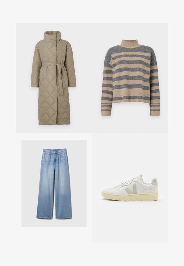 Manteau lung de culoare taupe, matlasat, cu guler înalt și curea din același material legată în talie, având o broderie în formă de valuri pe întreaga suprafață.; Pulover tricotat cu dungi, în culori gri și bej, guler înalt, mâneci late cu manșete și o croială lejeră cu un design scurt.; Jeans din denim de culoare albastru deschis, cu picioare largi, buzunare frontale, bucle pentru curea și închidere cu nasture și fermoar.; Pantofii sport din piele albă cu accente din suede bej, cutie pentru degete perforată, șireturi plate și o talpă texturată de crem. Prezintă branding subtil pe călcâi.