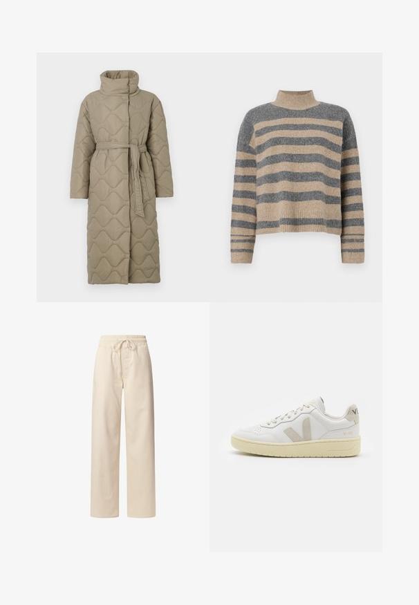 Long taupe quilted coat with high collar and matching fabric belt tied at the waist, featuring wave-pattern stitching throughout.; Striped knit sweater featuring gray and beige colors, high neck, wide cuffed sleeves, and a relaxed fit with a cropped design.; Beige cotton trousers with an elastic waistband and drawstring. Wide-leg design with a smooth texture and no visible patterns or accents.; White leather sneaker with beige suede accents, perforated toe box, flat laces, and a textured cream sole. Features subtle branding on heel.