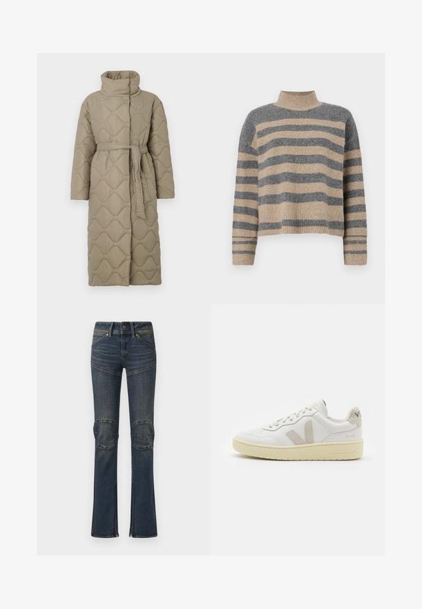 Casaco longo em taupe, acolchoado, com gola alta e cinto de tecido a condizer atado à cintura, apresentando um acolchoado em padrão de ondas por toda a parte.; Sweater de malha às riscas com cores cinza e bege, gola alta, mangas largas com punhos e um corte solto com design cropped.; Jeans de denim azul escuro com forma à boca de sino, apresentando remendos nos joelhos, costura branca e ferragens prateadas. Com fechos de correr nos tornozelos.; Sapatilha de couro branca com detalhes em camurça bege, biqueira perfurada, atacadores planos e sola texturizada creme. Apresenta uma marcação subtil no calcanhar.