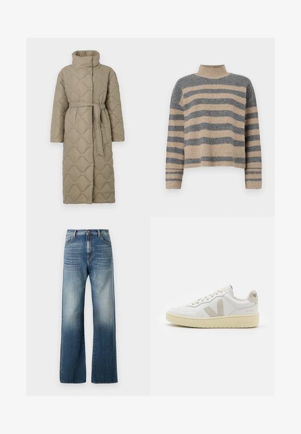 Dlhý taupe prešívaný kabát s vysokým golierom a opaskom z rovnakého materiálu viazaným v páse, so štepovaním vlnkového vzoru po celej ploche.; Prúžkovaný pletený sveter s šedými a béžovými farbami, vysokým golierom, širokými manžetami a voľným strihom s krátkym dizajnom.; Džínsy s širokými nohavicami v modrej farbe so zoslabeným povrchom, s gombíkovým zapínaním a tradičným dizajnom s piatimi vreckami. Hladká textura po celom povrchu.; Biele kožené tenisky s béžovými semišovými akcentmi, perforovanou špičkou, plochými šnúrkami a textúrovanou krémovou podrážkou. Obsahujú jemné označenie na päte.