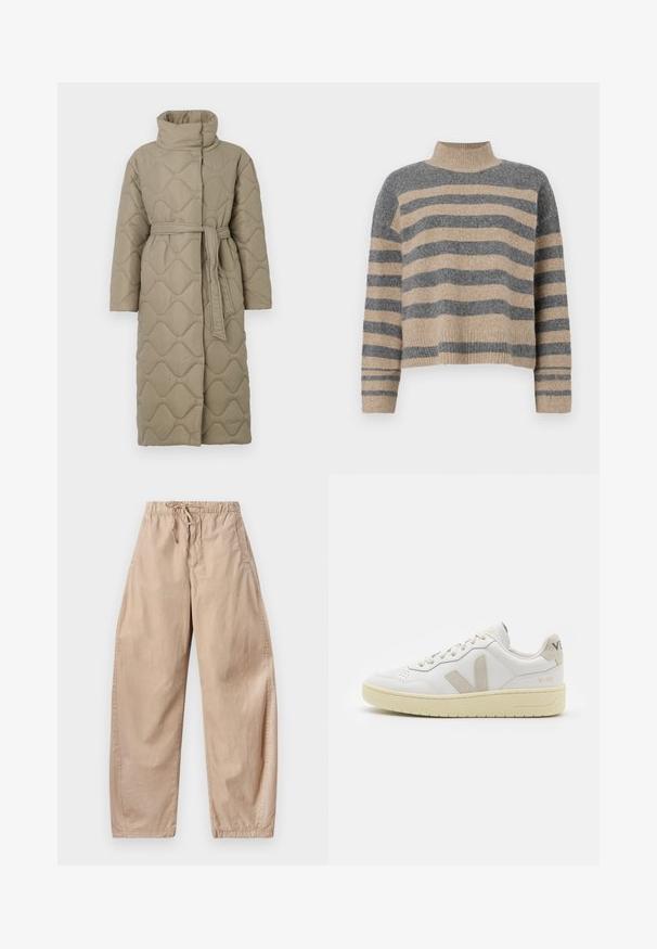 Cappotto lungo color taupe trapuntato con alto colletto e cintura in tessuto abbinato legata in vita, caratterizzato da cuciture a motivo ondulato in tutto il capo.; Maglione a righe realizzato in maglia, nei colori grigio e beige, con collo alto, maniche larghe con polsini e una vestibilità rilassata con un design corto.; Pantaloni larghi in cotone beige con vita elastica e cordoncino, dotati di tasche laterali e una texture liscia e leggera.; Sneaker in pelle bianca con dettagli in suede beige, punta perforata, lacci piatti e suola testurizzata color crema. Presenta un logo discreto sul tallone.