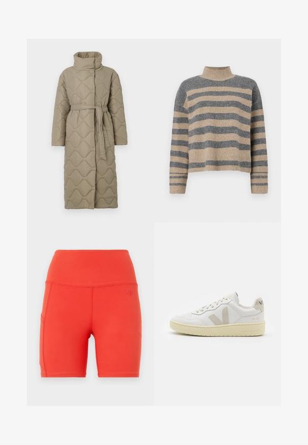Manteau long en taupe matelassé avec col haut et ceinture en tissu assorti nouée à la taille, présentant des coutures en motif de vagues sur l'ensemble.; Pull en maille rayé aux couleurs grises et beiges, col haut, manches large à poignet, coupe décontractée avec un design court.; Shorts de sport rouges avec une taille haute, fabriqués à partir d'un matériau lisse et extensible. Comprend une poche latérale et un petit logo en relief.; Baskets blanches en cuir avec des accents en daim beige, boîte à orteils perforée, lacets plats et semelle texturée crème. Présente un logo discret au talon.