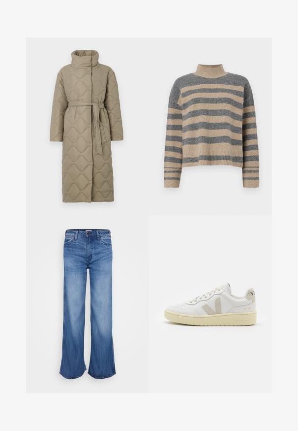Long taupe quilted coat with high collar and matching fabric belt tied at the waist, featuring wave-pattern stitching throughout.; Striped knit sweater featuring gray and beige colors, high neck, wide cuffed sleeves, and a relaxed fit with a cropped design.; Light blue denim wide-leg jeans with a high waist and raw hem. Features five pockets, belt loops, and subtle fading on the fabric.; White leather sneaker with beige suede accents, perforated toe box, flat laces, and a textured cream sole. Features subtle branding on heel.