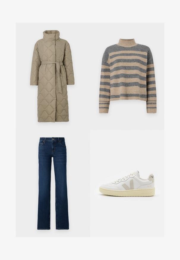 Pikk taupe värvi tikitud mantel kõrge kraega ja sobiva materjalist vööga, mis on seotud vöökohal, ning kogu ulatuses on lainelise mustriga tikand.; Triibuline kudumipusa, millel on hallid ja beezid toonid, kõrge kaelus, laiad mansetid ja vabalt langev lõige koos lühendatud disainiga.; Tumedast sinise värviga laiemad teksapüksid, mis on valmistatud denimist. Omavad tikitud vööd, viit taskut ja tõmblukk, millel on metallne nööp.; Valge nahast tenniseking, millel on beežist siidist aktsent ja aukudega varvas, lame paelad ja tekstureeritud koorevärvi tallad. Omab nüansirikast brändimist kannal.