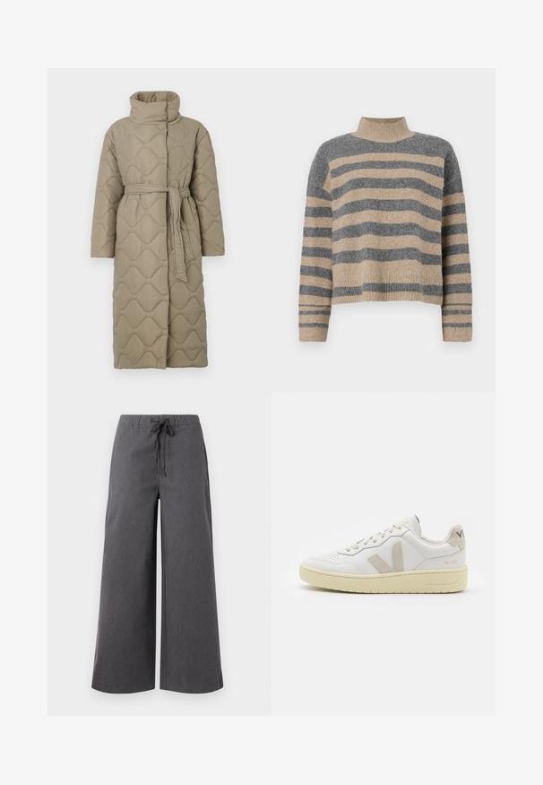 Langer taubefarbener gesteppter Mantel mit hohem Kragen und passendem Stoffgürtel, der in der Taille gebunden ist, mit Wellenmuster-Steppung. ; Gestreifter Strickpullover in Grau- und Beigetönen, mit hohem Kragen, breiten Bündchen an den Ärmeln und einer lockeren Passform im verkürzten Design.; Hellebeine, dunkelgraue Hosen aus einem weichen Stoff, mit einem elastischen Bund und Kordelzug sowie minimalen Nähdetails.; Weiße Ledersneaker mit beigen Wildlederakzenten, perforierte Zehenbox, flache Schnürsenkel und eine strukturierte cremefarbene Sohle. Mit dezentem Branding an der Ferse.