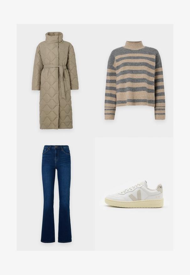 Casaco longo em taupe, acolchoado, com gola alta e cinto de tecido a condizer atado à cintura, apresentando um acolchoado em padrão de ondas por toda a parte.; Sweater de malha às riscas com cores cinza e bege, gola alta, mangas largas com punhos e um corte solto com design cropped.; Jeans de flare azul escuro feitos de denim com uma cintura alta, apresentando bolsos frontais, fecho com zip e detalhes de costura subtis.; Sapatilha de couro branca com detalhes em camurça bege, biqueira perfurada, atacadores planos e sola texturizada creme. Apresenta uma marcação subtil no calcanhar.