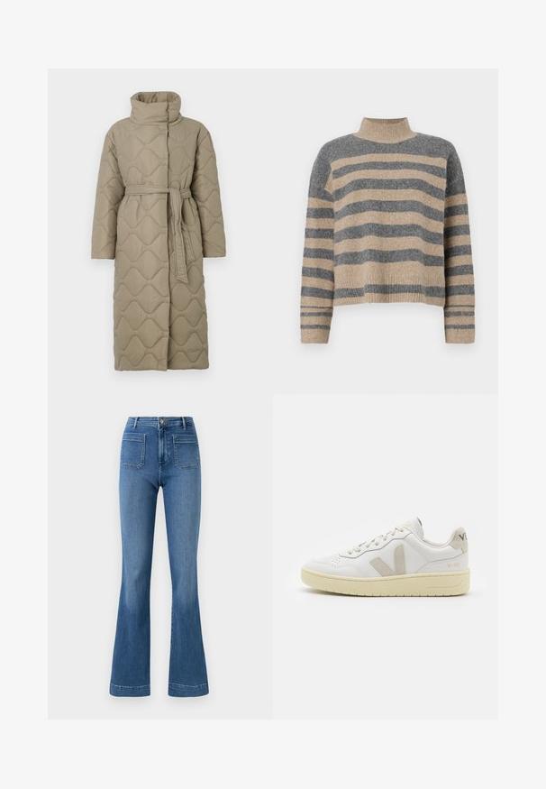 Lang taupe quiltet frakk med høy krage og belte i matchende stoff knyttet rundt livet, med bølgemønster-innsying gjennom hele frakken.; Stripet strikkegenser som har grå og beige farger, høy hals, brede mansjetter og en avslappet passform med kort design.; Blyantblå jeans med vide ben laget av denim og med middels livhøyde, som har to baklommer og en ren kant. Glatt tekstur og klassisk design.; Hvite lær sneakers med beige semsket detaljer, perforert tåboks, flate lisser og en teksturert kremfarget såle. Har subtil branding på hælen.