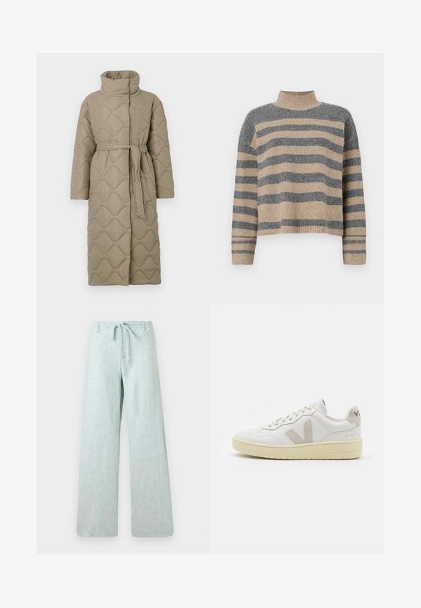 Casaco longo em taupe, acolchoado, com gola alta e cinto de tecido a condizer atado à cintura, apresentando um acolchoado em padrão de ondas por toda a parte.; Sweater de malha às riscas com cores cinza e bege, gola alta, mangas largas com punhos e um corte solto com design cropped.; Calças largas verde claro, feitas de tecido texturizado. Apresentam um cós com cordão e um fecho de botão, com riscas verticais em toda a peça.; Sapatilha de couro branca com detalhes em camurça bege, biqueira perfurada, atacadores planos e sola texturizada creme. Apresenta uma marcação subtil no calcanhar.