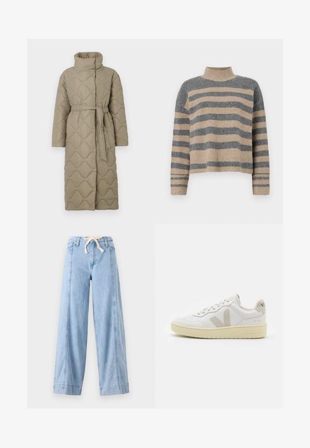 Ilgas taupe spalvos siuvinėtas paltas su aukštu apykakle ir derančiu audinio diržu, suvytu juosmenyje, su banguotu raštu siuvinėjimu visame paviršiuje.; Dryžuotas mezginys su pilkos ir smėlio spalvomis, aukštu kaklu, plačiomis rankovėmis su atvartais ir laisvu siluetu, trumpesnio ilgio.; Šviesiai mėlynos plačios džinsinės kelnės, pagamintos iš džinsinio audinio, su raišteliu juosmens ir vertikaliomis siūlėmis šonuose.; Balti odiniai sportbačiai su kreminiais zomšos akcentais, perforuota pirštų dalimi, plokščiomis raišteliais ir struktūruota kreminėmis padomis. Ant kulno yra subtilus ženklinimas.