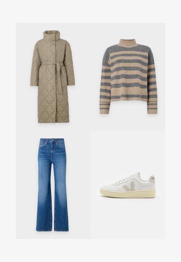 Ilgas taupe spalvos siuvinėtas paltas su aukštu apykakle ir derančiu audinio diržu, suvytu juosmenyje, su banguotu raštu siuvinėjimu visame paviršiuje.; Dryžuotas mezginys su pilkos ir smėlio spalvomis, aukštu kaklu, plačiomis rankovėmis su atvartais ir laisvu siluetu, trumpesnio ilgio.; Plačios blauzdos mėlynos džinsinės kelnės su aukštu liemeniu, turinčios užtrauktuką, mygtuko uždarymą ir subtilų blukimą palei kojas.; Balti odiniai sportbačiai su kreminiais zomšos akcentais, perforuota pirštų dalimi, plokščiomis raišteliais ir struktūruota kreminėmis padomis. Ant kulno yra subtilus ženklinimas.