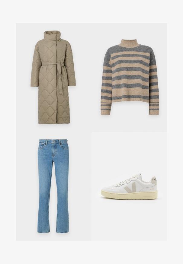 Dolga taupe puhovka s visokim ovratnikom in pasom iz iste tkanine, zavezanim na pasu, ki vsebuje šivane vzorce valov v celotni dolžini.; Prajčast pulover z šivi v sivi in bež barvi, visokim ovratnikom, širokimi manšetami in sproščenim krojem s skrajšano zasnovo.; Svjetloplave traperice s raširenim nogavicama, dizajnom s pet džepova, dugmetom za zatvaranje i suptilnim blijeđenjem. Nema vidljivih uzoraka ili ukrasa.; Bela usnjena tenisača z bež semiš poudarki, perforiranim prednjim delom, ravnimi vezalkami in strukturiranim kremnim podplatom. Ima diskretno blagovno znamko na peti.