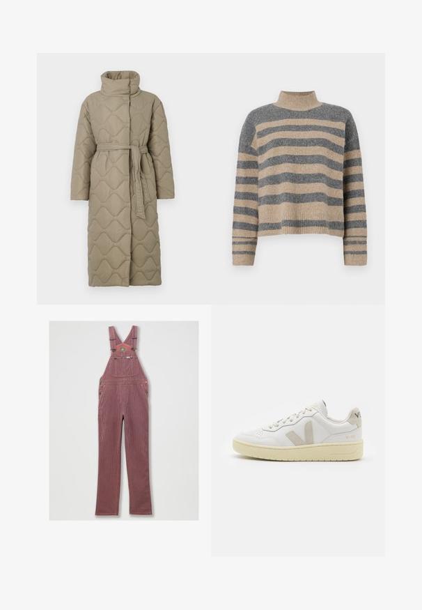 Long taupe quilted coat with high collar and matching fabric belt tied at the waist, featuring wave-pattern stitching throughout.; Striped knit sweater featuring gray and beige colors, high neck, wide cuffed sleeves, and a relaxed fit with a cropped design.; Red-striped denim overall with adjustable shoulder straps, large front pocket, and side pockets. Features metal hardware and a stitched hem.; White leather sneaker with beige suede accents, perforated toe box, flat laces, and a textured cream sole. Features subtle branding on heel.