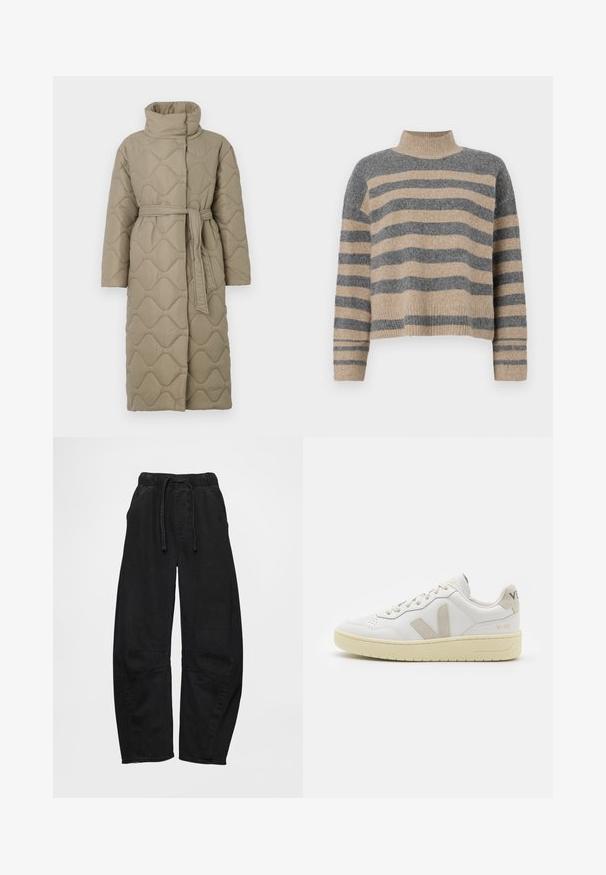 Long taupe quilted coat with high collar and matching fabric belt tied at the waist, featuring wave-pattern stitching throughout.; Striped knit sweater featuring gray and beige colors, high neck, wide cuffed sleeves, and a relaxed fit with a cropped design.; Black denim pants with an elastic waistband, drawstring, and side pockets. Features a loose fit and contrasting panel details at knees.; White leather sneaker with beige suede accents, perforated toe box, flat laces, and a textured cream sole. Features subtle branding on heel.