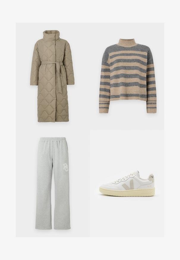 Dolga taupe puhovka s visokim ovratnikom in pasom iz iste tkanine, zavezanim na pasu, ki vsebuje šivane vzorce valov v celotni dolžini.; Prajčast pulover z šivi v sivi in bež barvi, visokim ovratnikom, širokimi manšetami in sproščenim krojem s skrajšano zasnovo.; Sive trenirke z elastičnim pasom, ravnim krojem, mehkobo in majhnim belim logotipom na levi strani.; Bela usnjena tenisača z bež semiš poudarki, perforiranim prednjim delom, ravnimi vezalkami in strukturiranim kremnim podplatom. Ima diskretno blagovno znamko na peti.