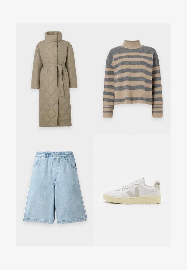 Langer taubefarbener gesteppter Mantel mit hohem Kragen und passendem Stoffgürtel, der in der Taille gebunden ist, mit Wellenmuster-Steppung. ; Gestreifter Strickpullover in Grau- und Beigetönen, mit hohem Kragen, breiten Bündchen an den Ärmeln und einer lockeren Passform im verkürzten Design.; Hellblaue Jeans-Shorts mit elastischem Bund, Seitentaschen und weißen Seitenstreifen, die eine lockere Passform und eine glatte Textur aufweisen.; Weiße Ledersneaker mit beigen Wildlederakzenten, perforierte Zehenbox, flache Schnürsenkel und eine strukturierte cremefarbene Sohle. Mit dezentem Branding an der Ferse.