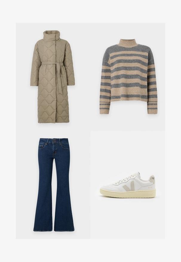 Manteau long en taupe matelassé avec col haut et ceinture en tissu assorti nouée à la taille, présentant des coutures en motif de vagues sur l'ensemble.; Pull en maille rayé aux couleurs grises et beiges, col haut, manches large à poignet, coupe décontractée avec un design court.; Jean flare bleu foncé en denim, avec fermeture éclair et double bouton, poches avant et détails cousus le long des côtés.; Baskets blanches en cuir avec des accents en daim beige, boîte à orteils perforée, lacets plats et semelle texturée crème. Présente un logo discret au talon.
