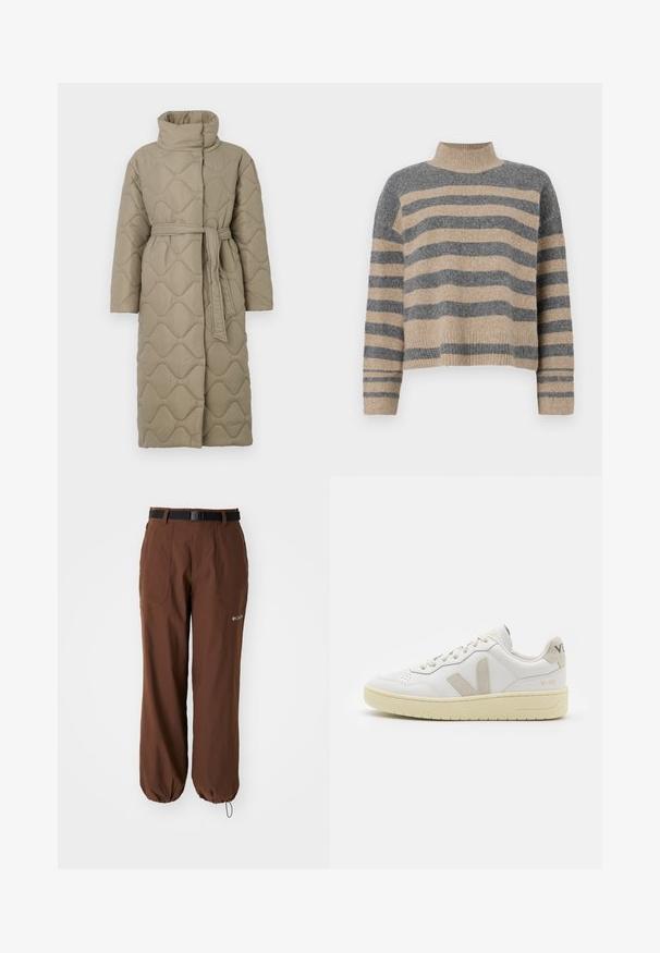 Hosszú taupe színű steppelt kabát magas gallérral és azonos anyagból készült övvel, amely a deréknál van megkötve, hullámmintás varrással az egész felületen.; Csíkos kötött pulóver szürke és bézs színekkel, magas gallérral, széles mandzsettás ujjal és laza, rövidített fazonnal.; Columbia BREA FALLS™ PANT - Szabadtéri nadrágok - tobacco; Fehér bőr sneaker bézs velúr részletekkel, perforált orr résszel, lapos fűzőkkel és textúrált krémszínű talppal. Finom márkajelzés található a sarkán.