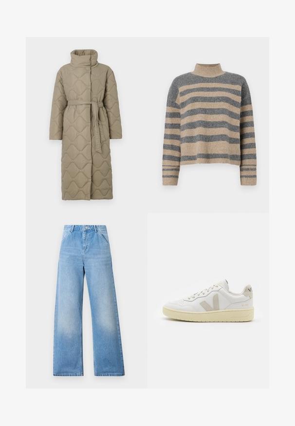 Long taupe quilted coat with high collar and matching fabric belt tied at the waist, featuring wave-pattern stitching throughout.; Striped knit sweater featuring gray and beige colors, high neck, wide cuffed sleeves, and a relaxed fit with a cropped design.; Light blue denim wide-leg jeans with a high-waisted design, featuring two front pockets and a button closure. Clean finish with minimal fading.; White leather sneaker with beige suede accents, perforated toe box, flat laces, and a textured cream sole. Features subtle branding on heel.