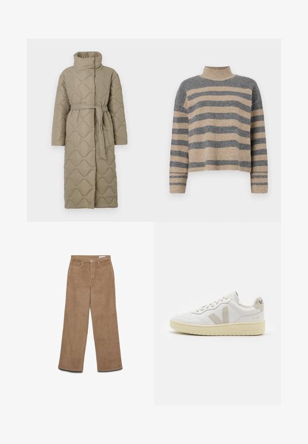 Hosszú taupe színű steppelt kabát magas gallérral és azonos anyagból készült övvel, amely a deréknál van megkötve, hullámmintás varrással az egész felületen.; Csíkos kötött pulóver szürke és bézs színekkel, magas gallérral, széles mandzsettás ujjal és laza, rövidített fazonnal.; Barna, bőszárú kordnadrág. Texturált anyagból készült, öt zsebbel és gombos záródással. Egyenes szabású csípőtől a szárvégig.; Fehér bőr sneaker bézs velúr részletekkel, perforált orr résszel, lapos fűzőkkel és textúrált krémszínű talppal. Finom márkajelzés található a sarkán.