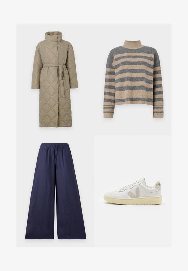 Garšs pelēkbrūns quiltēts mētelis ar augstu apkakli un atbilstošu auduma jostu, kas sasieta ap vidukli, ar viļņu raksta šuvēm visā virsmā.; Raitaināta džemperis ar pelēkajām un bežām krāsām, augstu apkakli, platām aprocēm un brīvu piegriezumu ar īsu dizainu.; Jūras spēku plašas bikses ar elastīgu jostu, auklas detaļu un mīkstu, vieglu audumu. Vienkāršs, plūstošs dizains bez rotājumiem.; Baltas ādas sporta apavu pāris ar bēšiem zamša akcentiem, caurumiņu purngalā, plakanu šņorēšanu un teksturētu krēmkrāsas zoli. Iezīmējas ar diskrētu zīmolu uz papēža.